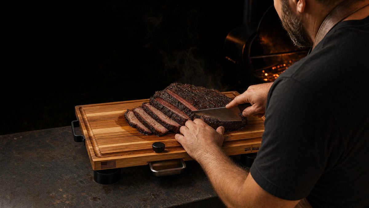 Slicing a smoked brisket on The True Board