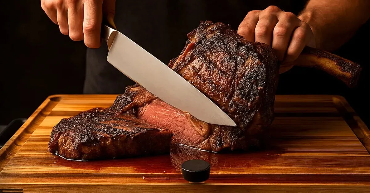 Slicing a tomahawk on The True Board while the juice runs down the groove toward the drop hole