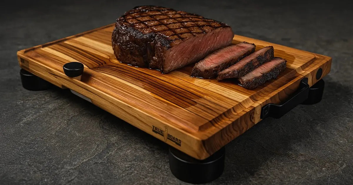 A rested steak on The True Board, elevated on its adjustable feet over a dark counter