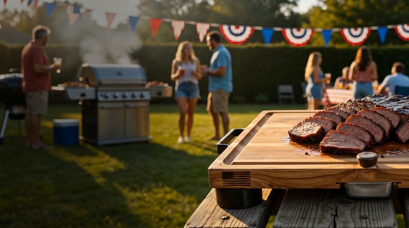 The True Board with sliced brisket at a Fourth of July cookout
