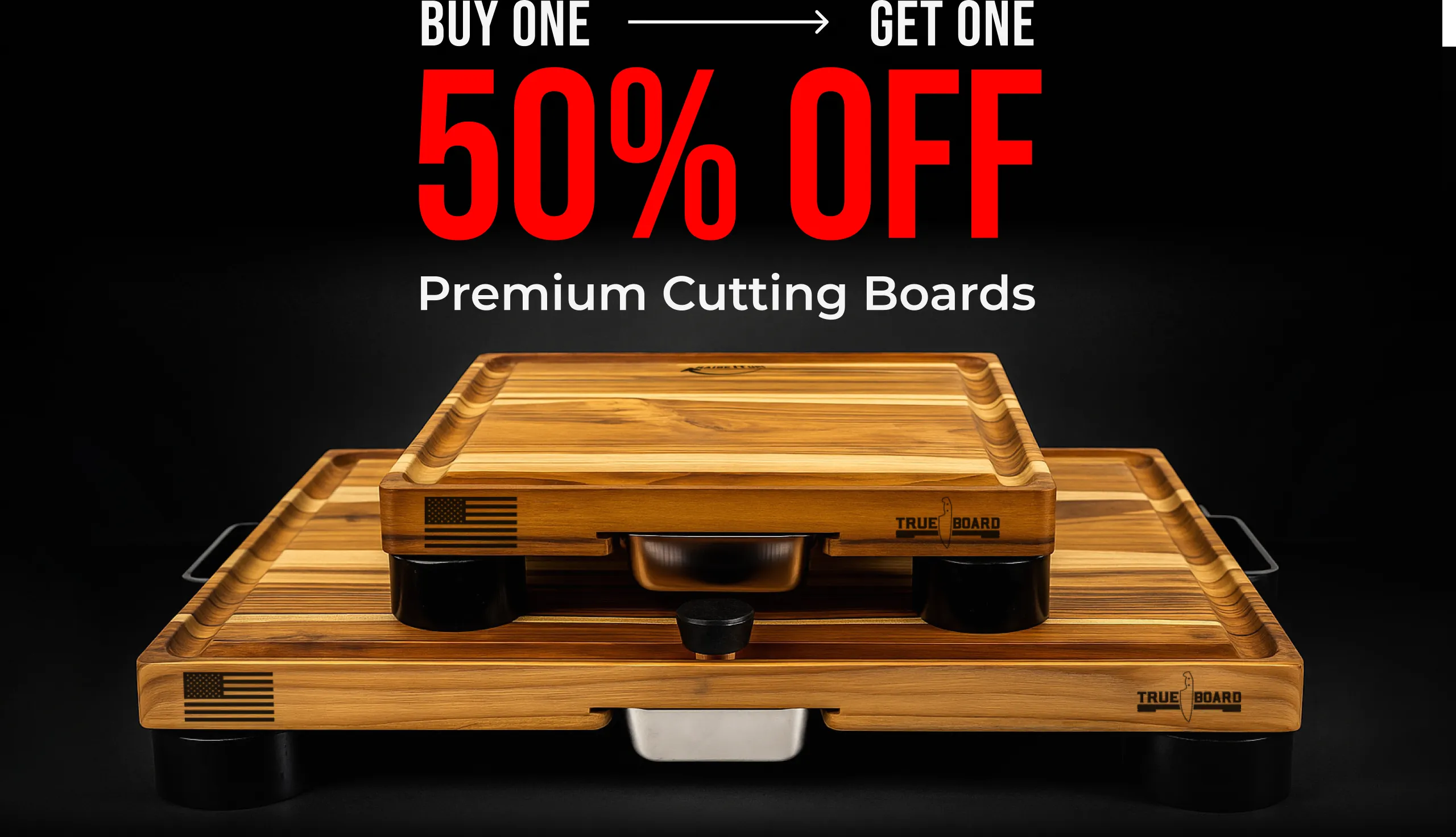 Two wooden cutting boards with a promotional message on a black background