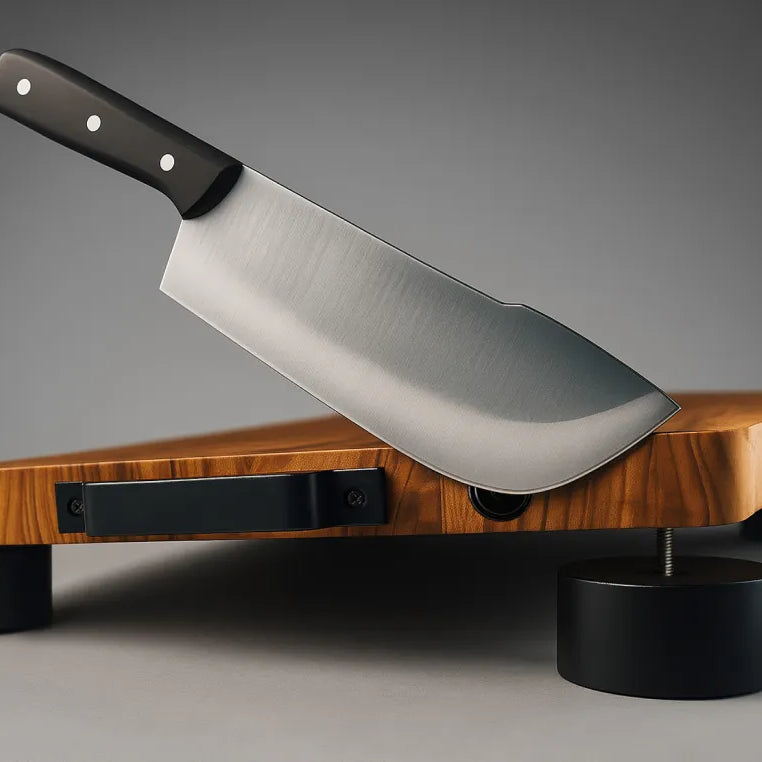 A chef's knife held flat by the built-in magnets