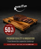 Wooden cutting board with cooked meat on a dark background, featuring a Black Friday sale promotion.