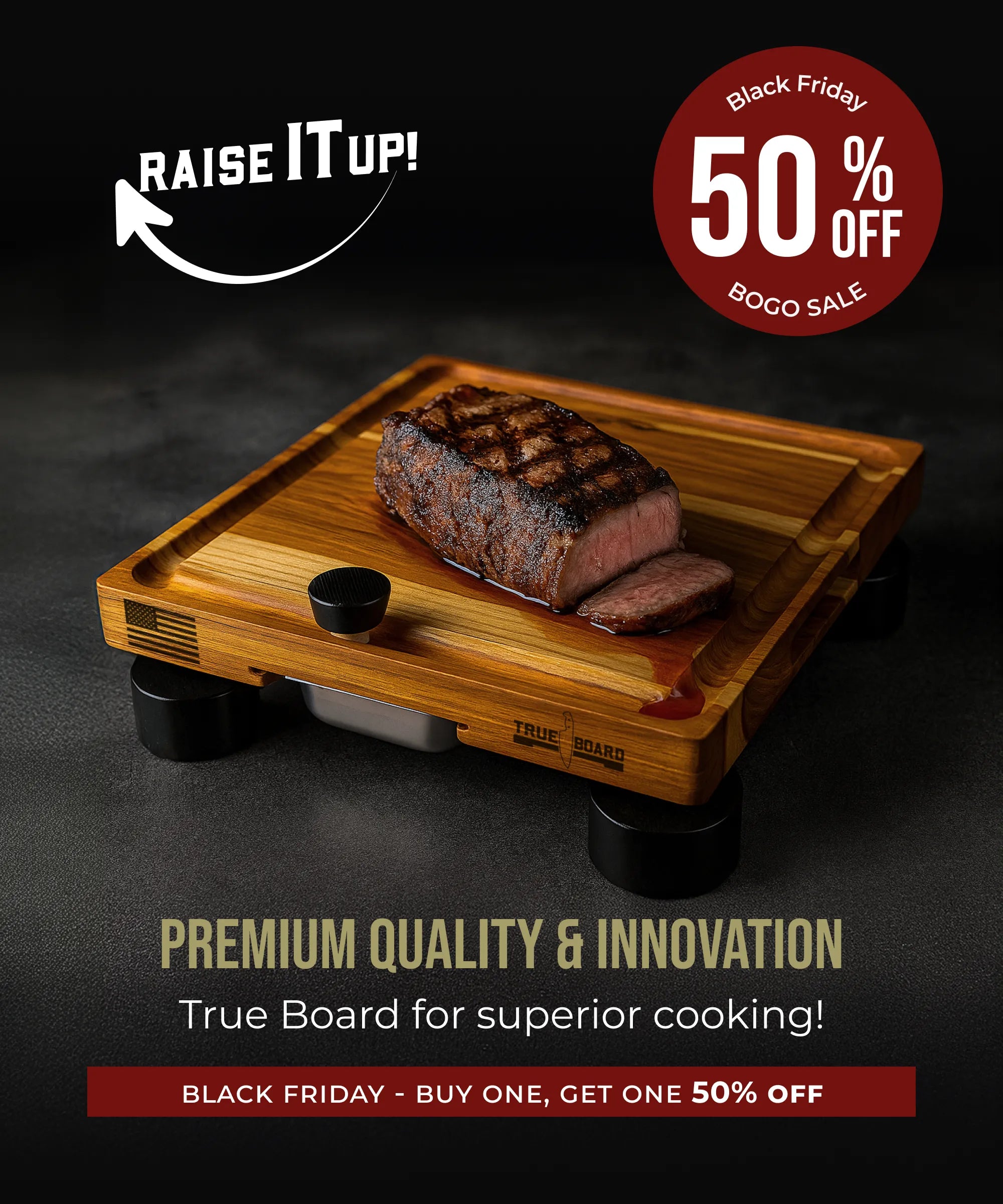 Wooden cooking board with a steak on a dark background, featuring a Black Friday sale promotion.