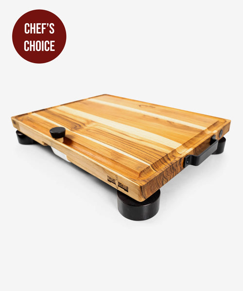 Wooden cutting board with black legs on a white background, labeled 'Chef's Choice'.