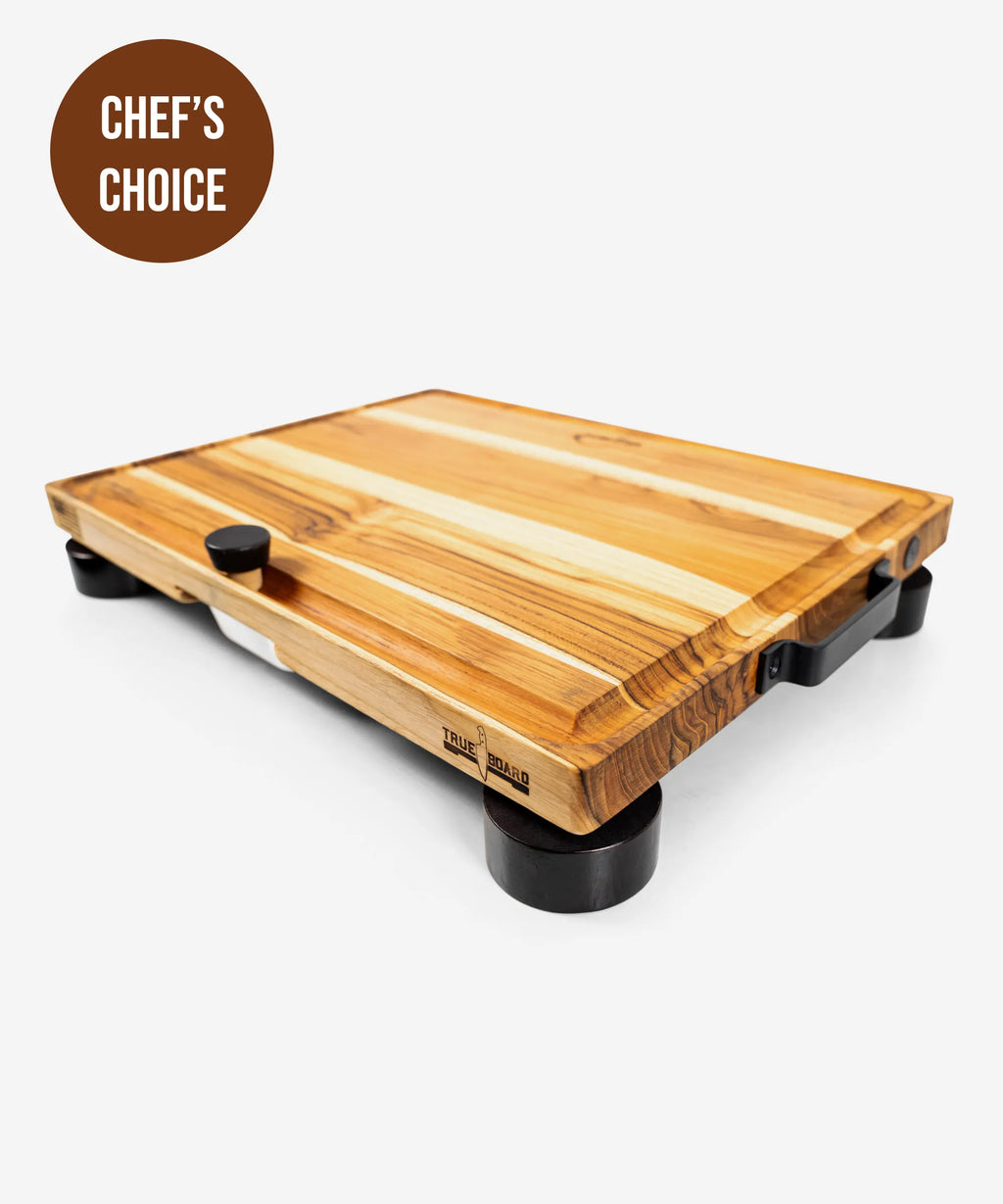 Wooden cutting board with black legs on a white background, labeled 'Chef's Choice'.