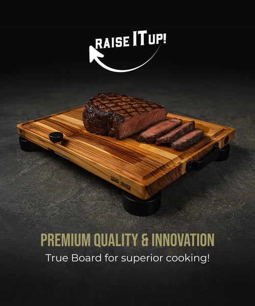 Wooden cutting board with grilled steak on a dark surface, featuring 'Raise It Up!' branding.