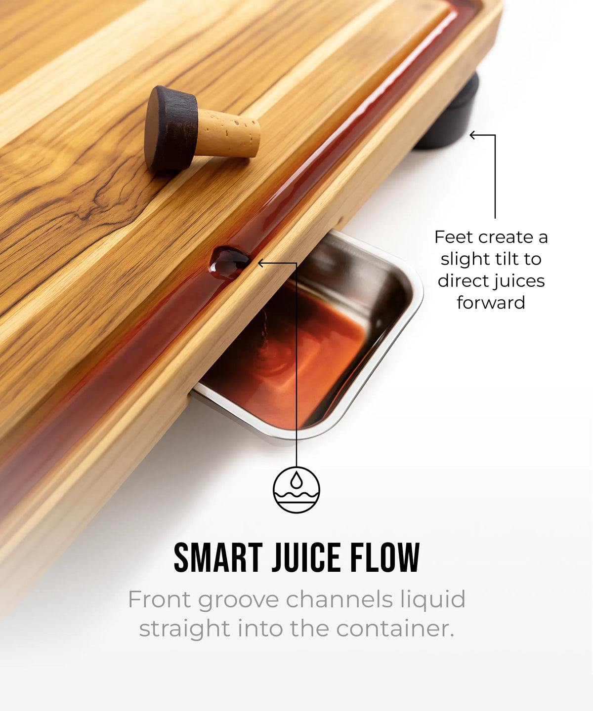 Wooden cutting board with a built-in juice grove directing liquid into a container.