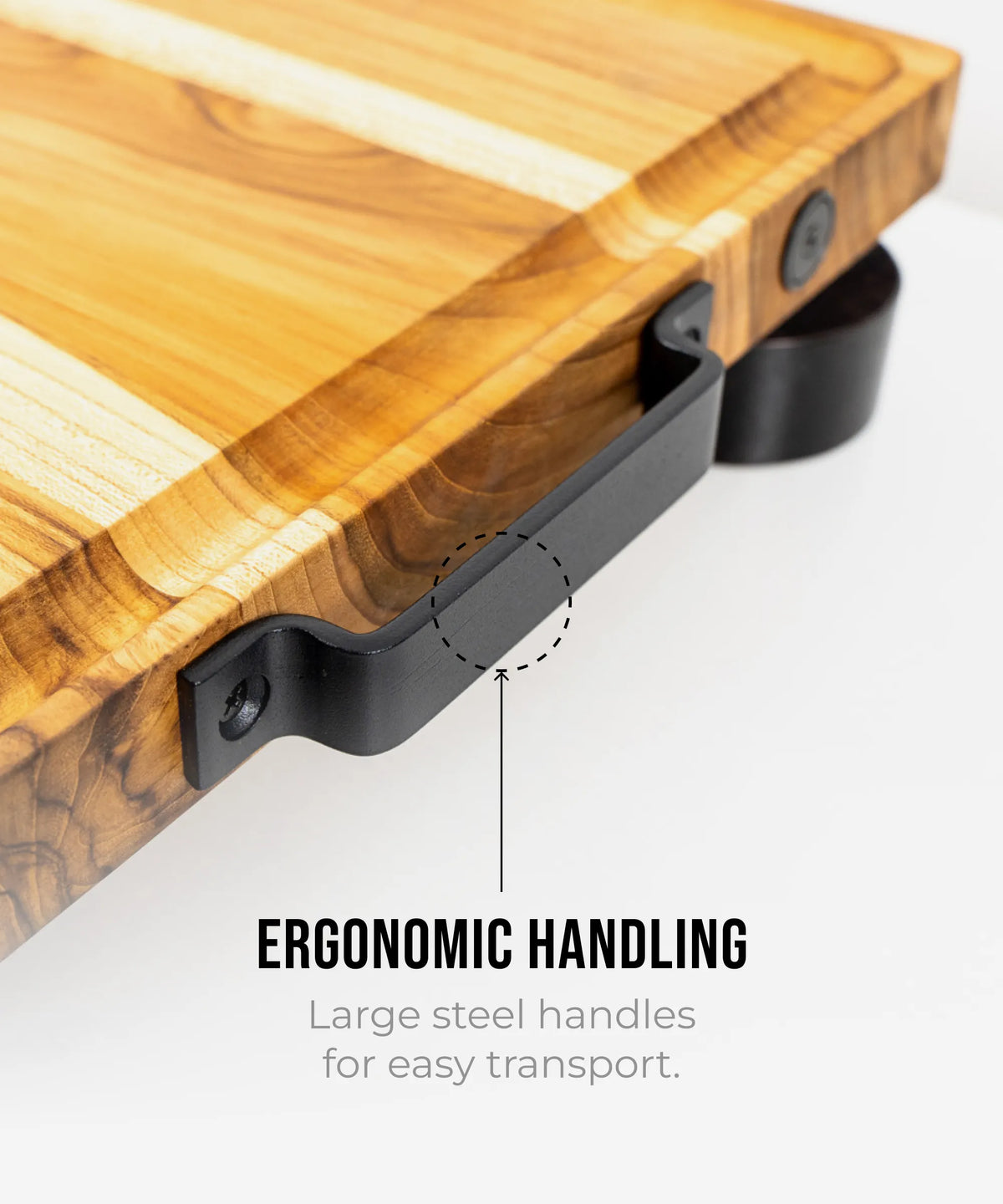 Wooden cutting board with large steel handles on a white background