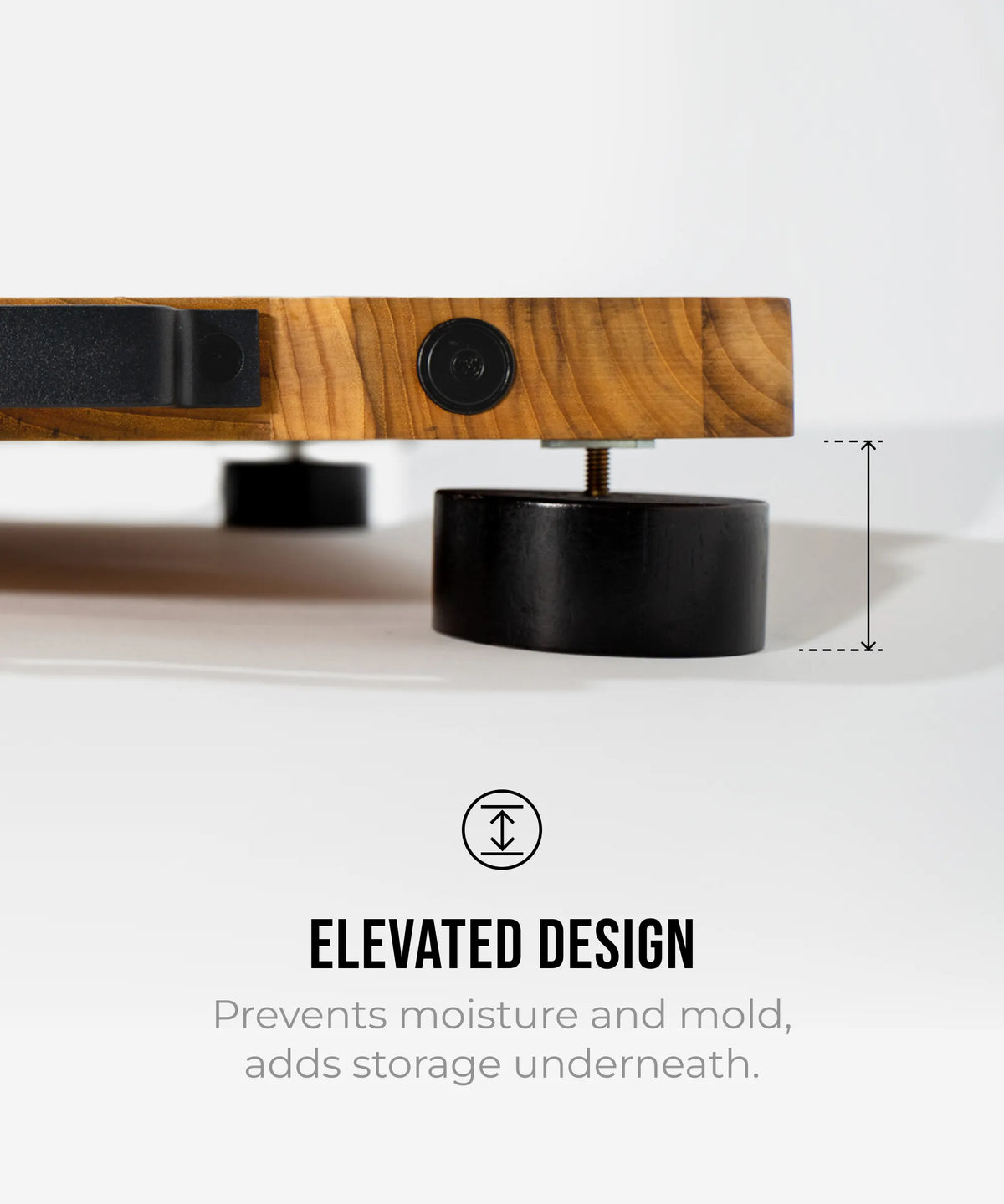 Wooden shelf with black feet on a white background, labeled 'Elevated Design'.