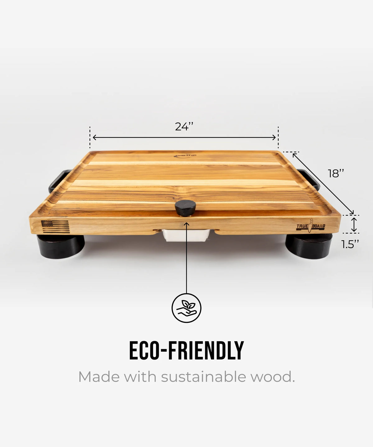 Wooden cutting board with wheels and measurements on a white background, emphasizing eco-friendliness.