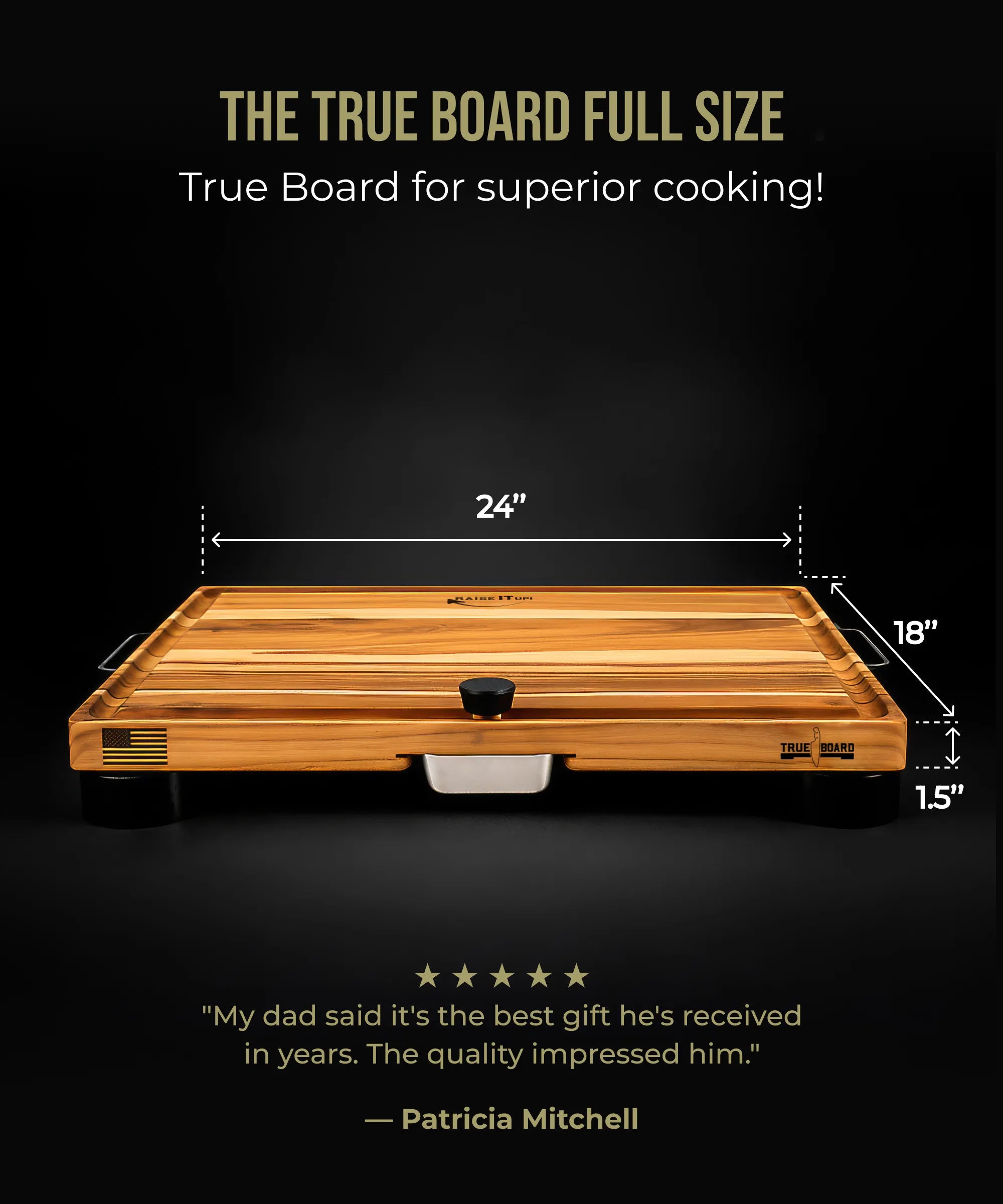 Wooden cooking board with dimensions and a testimonial on a black background
