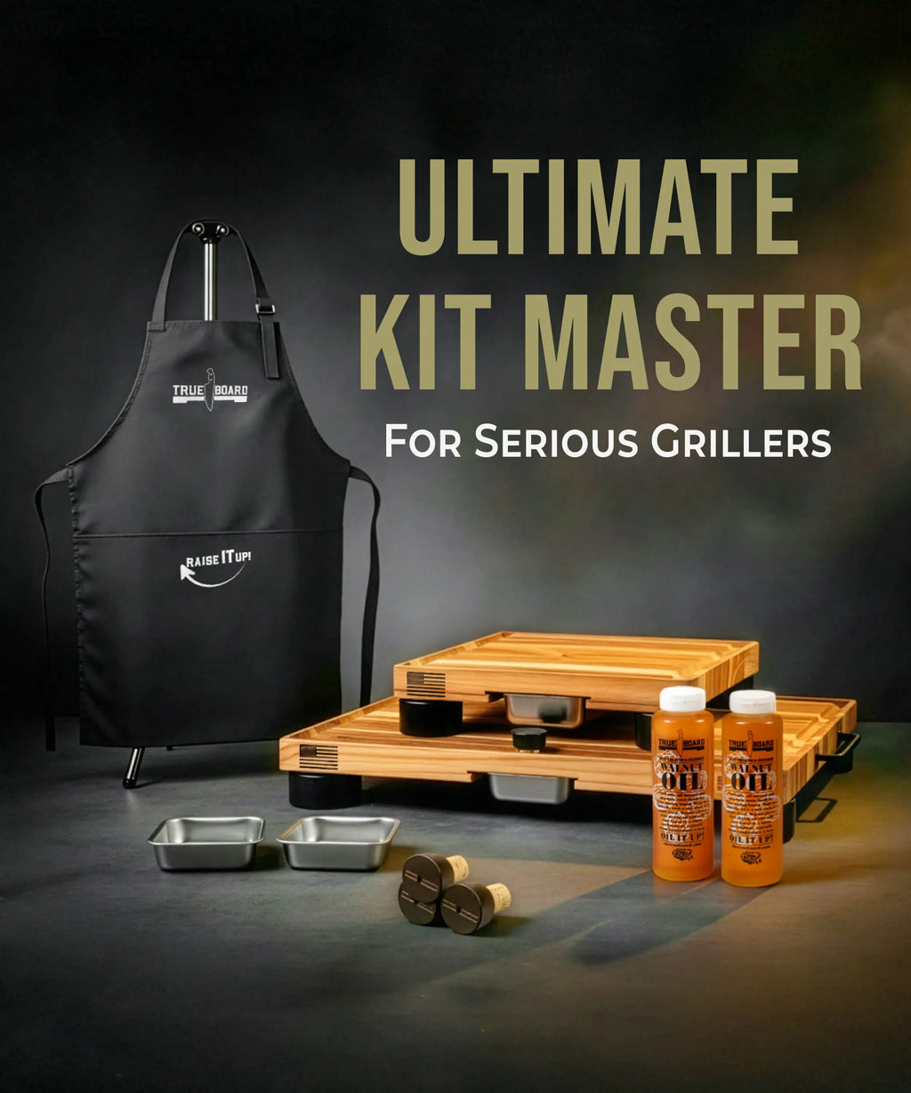 Grilling kit with apron, cutting board, and bottles on a dark background with 'Ultimate Kit Master' text.