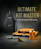 Grilling kit with apron, cutting board, and bottles on a dark background with 'Ultimate Kit Master' text.