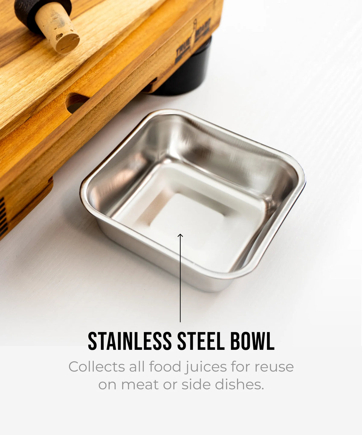 Stainless steel bowl on a kitchen counter with text indicating its use for collecting food juices