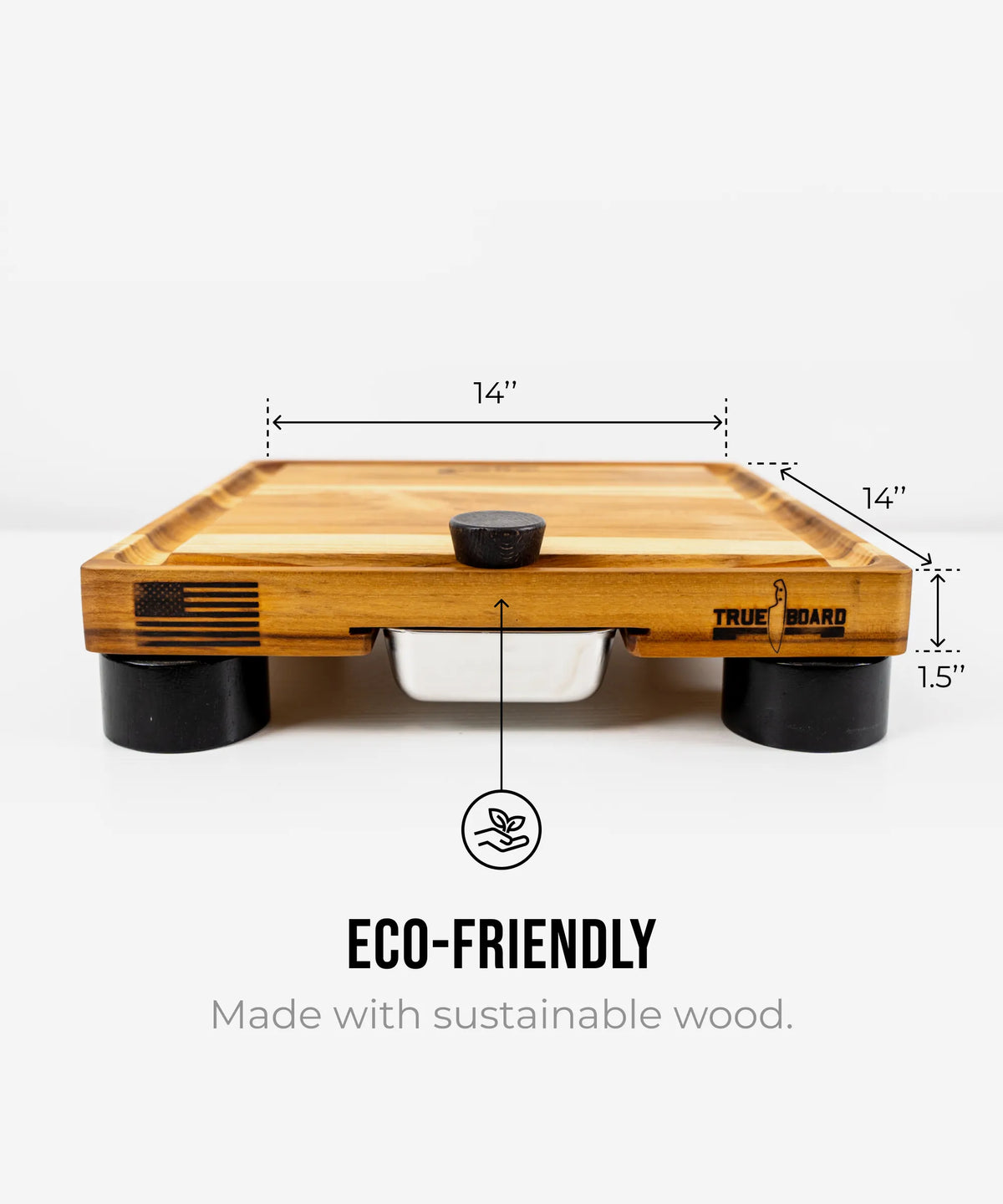 Wooden product with dimensions and 'True Board' branding on a white background, emphasizing eco-friendliness