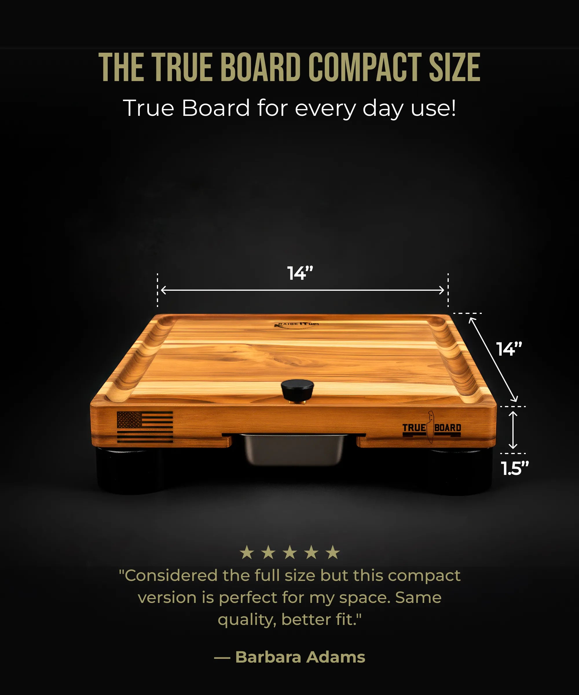 Wooden cutting board with dimensions labeled on a black background