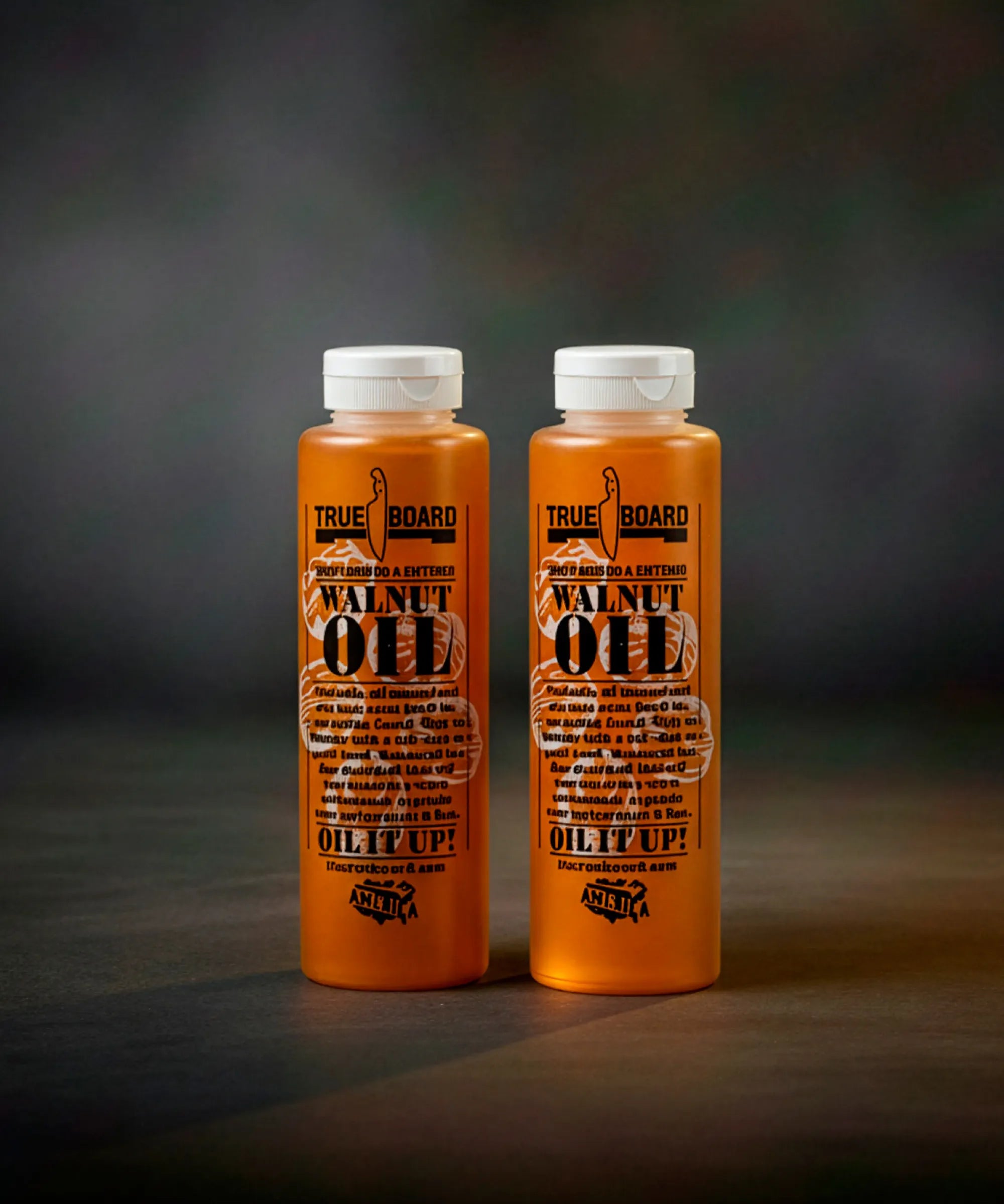 Two bottles of True Board Walnut Oil on a dark background