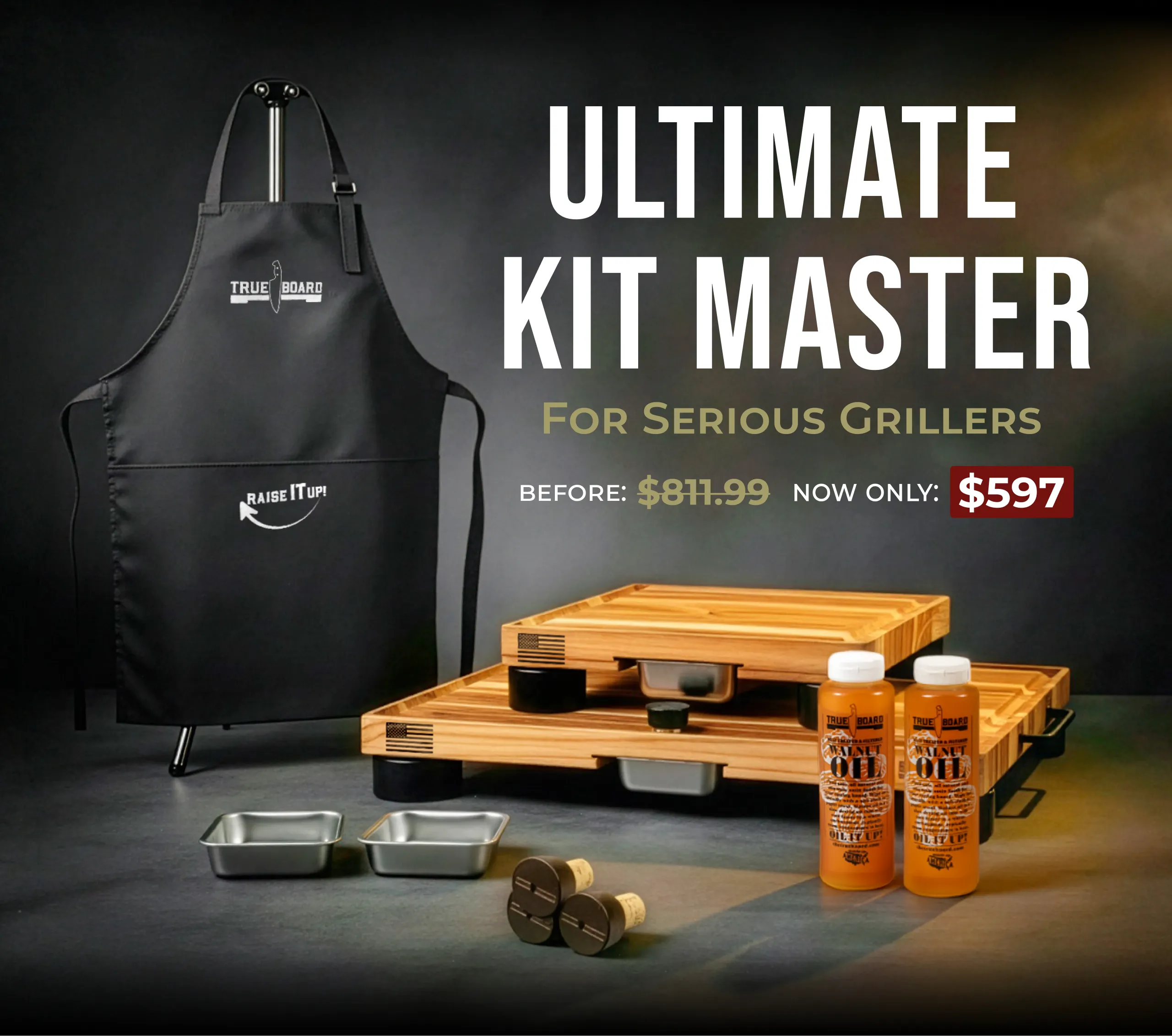 Grilling kit with apron, cutting board, and bottles on a dark background