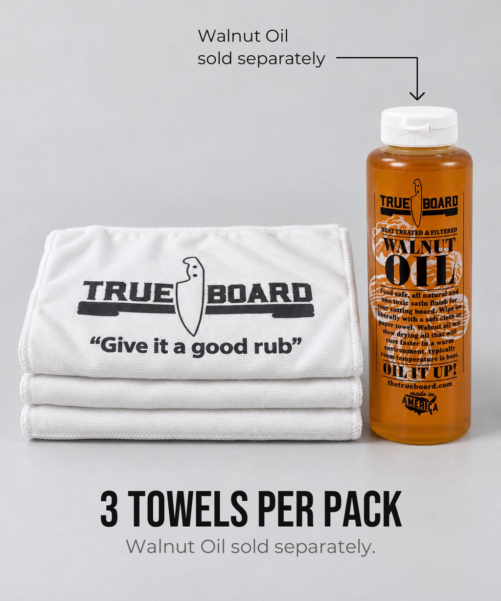 True Board towel 3-pack next to Premium Walnut Cutting Board Oil, sold separately