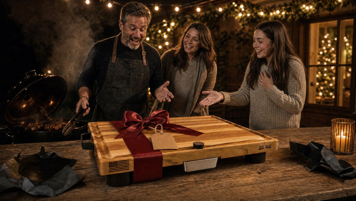 A family surprises the dad at the grill with The True Board tied with a red ribbon