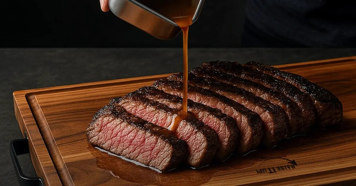 Pouring the collected juices from the stainless bowl back over sliced steak on The True Board