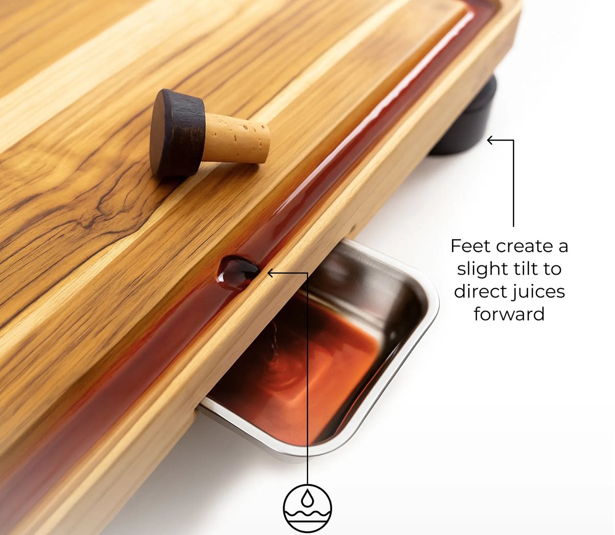 Juice running down the groove of The True Board into the stainless steel bowl
