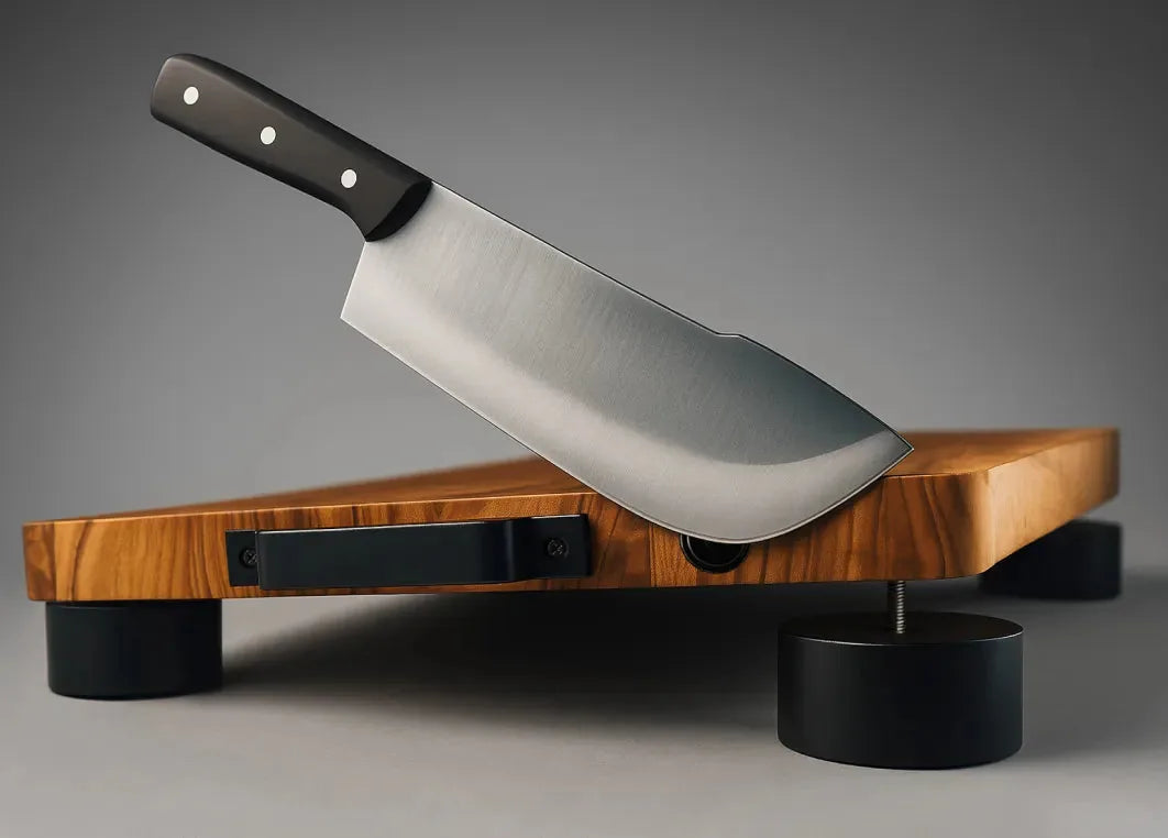 A cleaver held against the side edge of the board by the built-in magnet