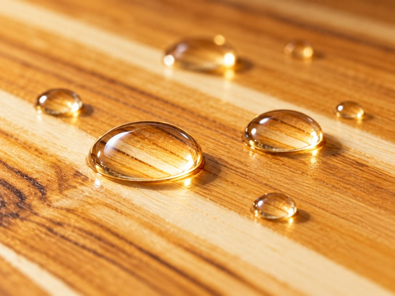 Water beading on an oiled teak board