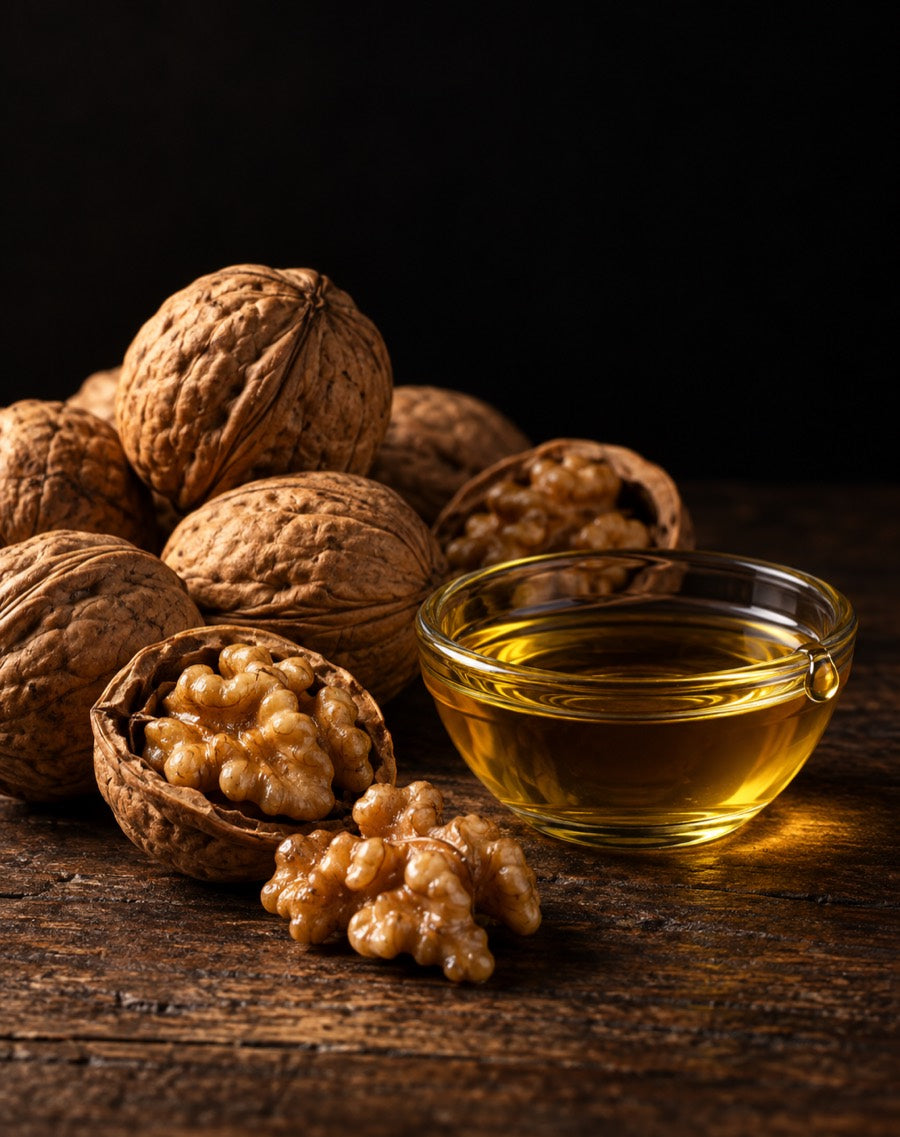 Whole and cracked walnuts beside a dish of golden walnut oil