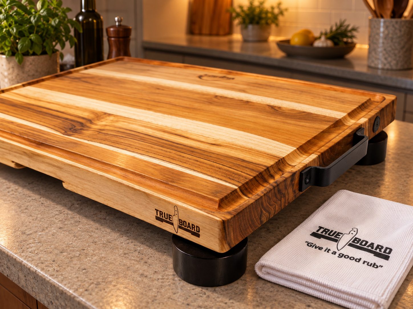 A True Board towel folded beside a freshly oiled True Board