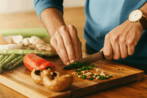 hand holding chef’s knife with correct grip